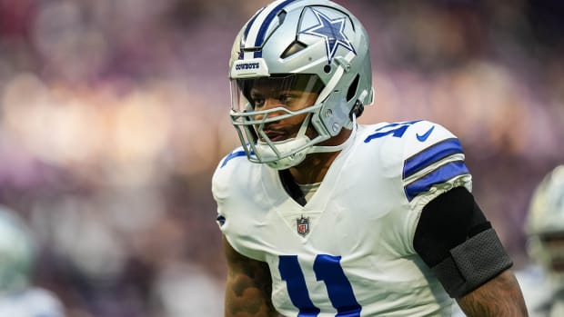 Cowboys linebacker Micah Parsons (11) looks on prior to the game against the Vikings at U.S. Bank Stadium.